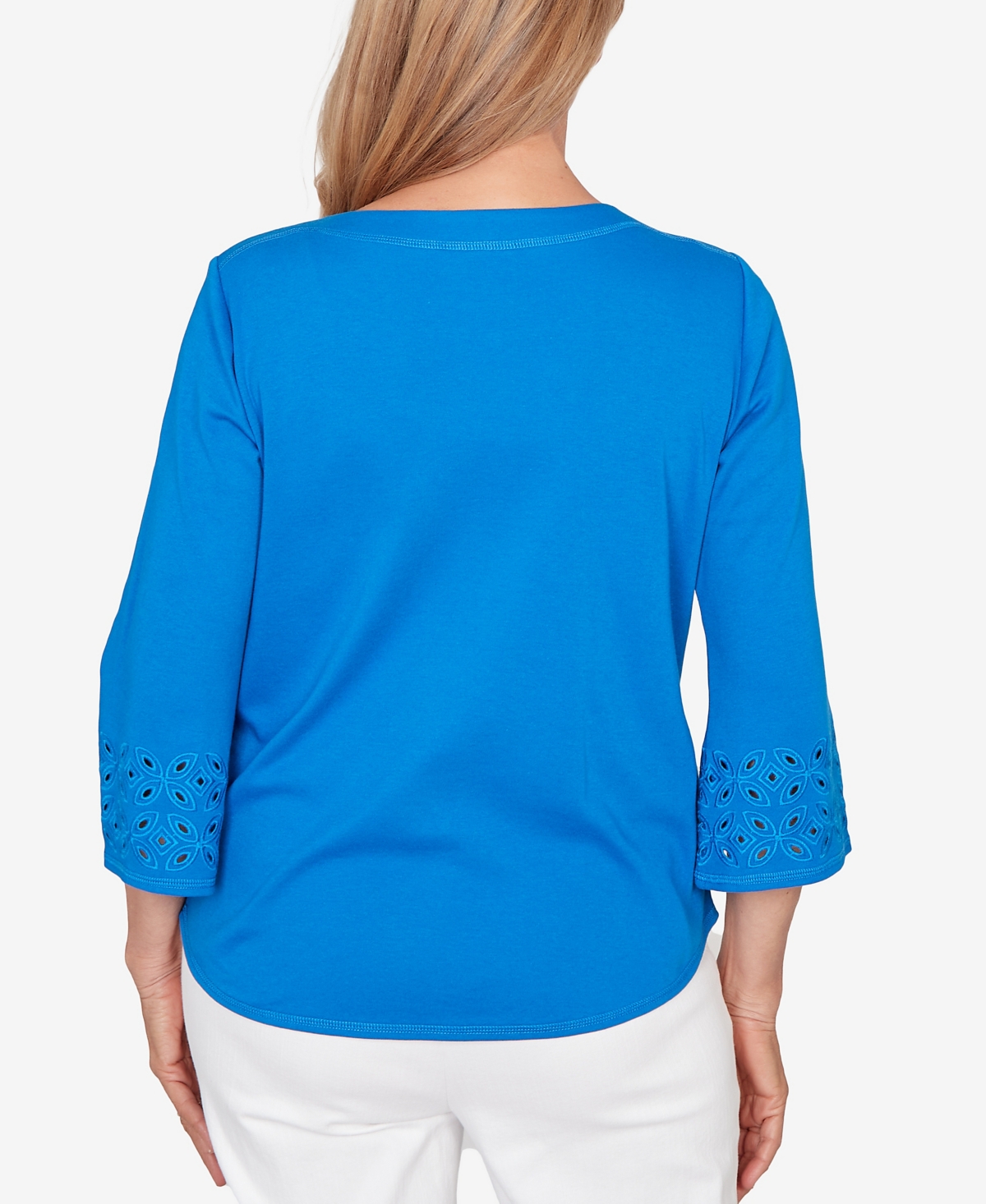 Alfred Dunner Petite Mykonos Eyelet Sleeve Solid Top with Necklace