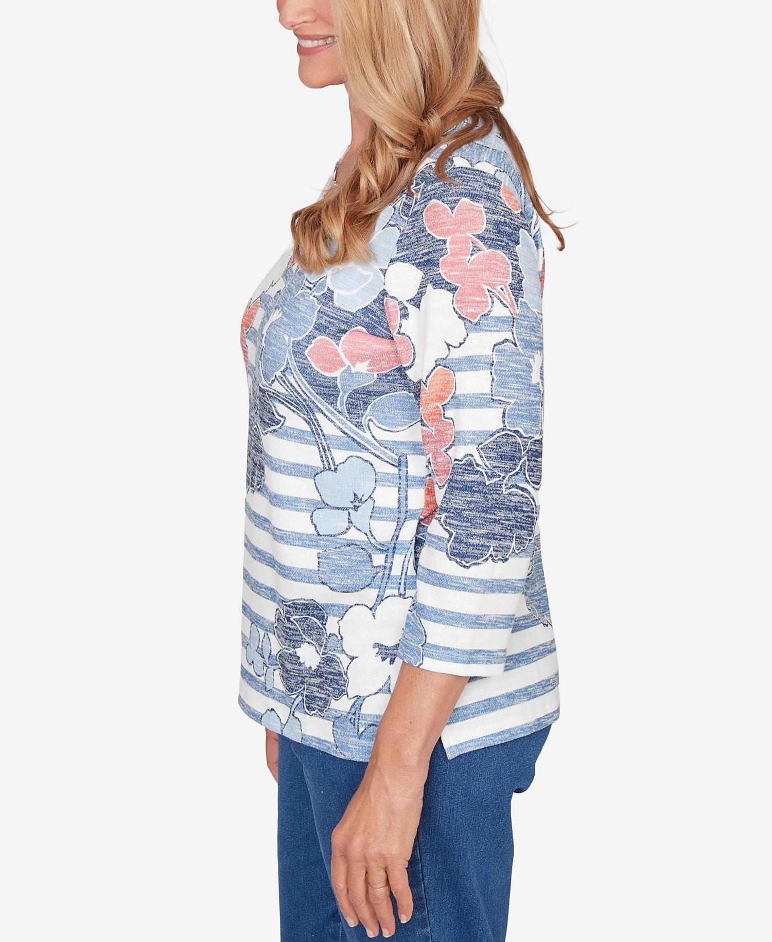 Petite Austin Stripe Floral Split Neck Knit Top