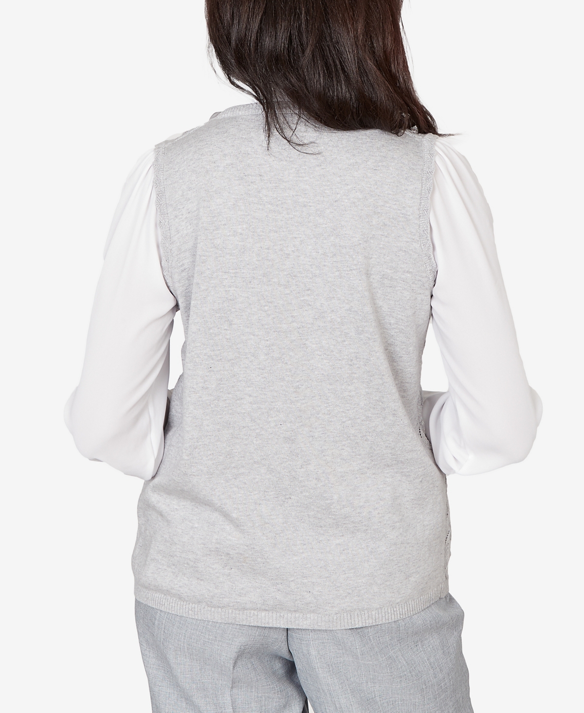 Alfred Dunner Petite Al Fresco Pointelle Mother of Pearl Lace Two One Sweater