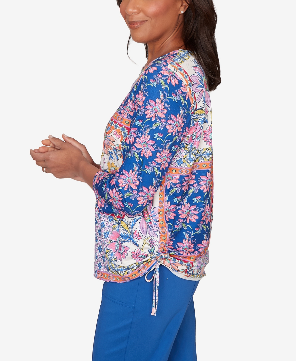 Alfred Dunner Petite The Royal Treatment Geometric Floral Tie Ruched Top