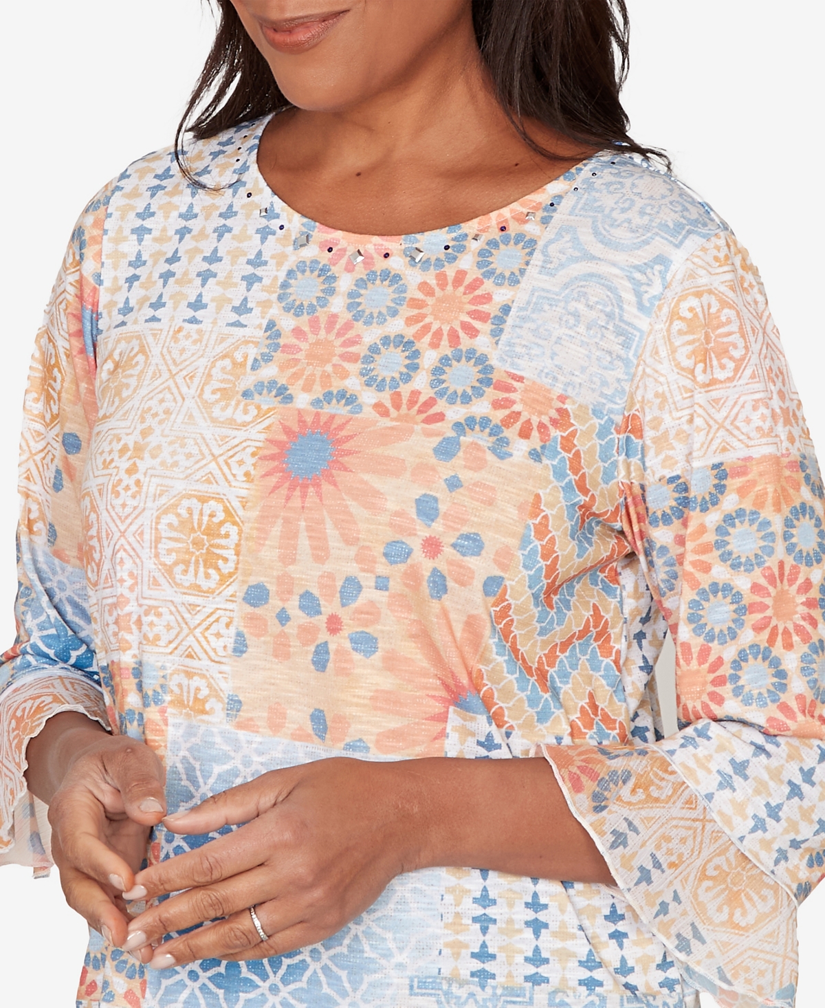 Alfred Dunner Petite Beachcomber Patchwork Medallion Ruffle Sleeve Top