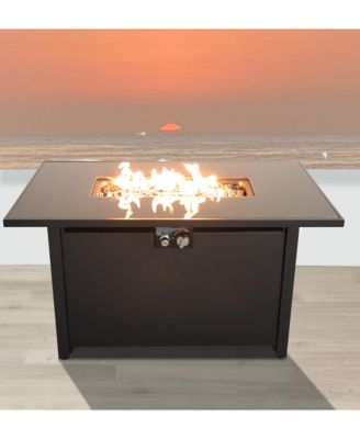 43 Inch Smoked Glass Metal Rectangle Fire Pit Table Black 50000 BTU Push Button Ignition Stainless Steel Burning Area