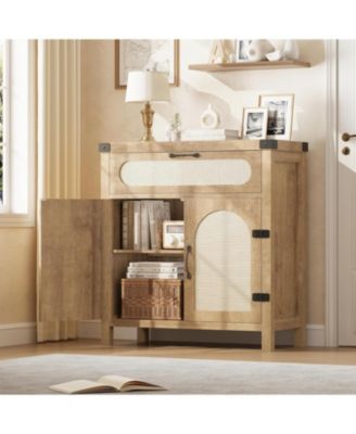 Rattan Sideboard Buffet Cabinets with Storage Boho Wooden Coffee Bar Cabinet for Dining Room,