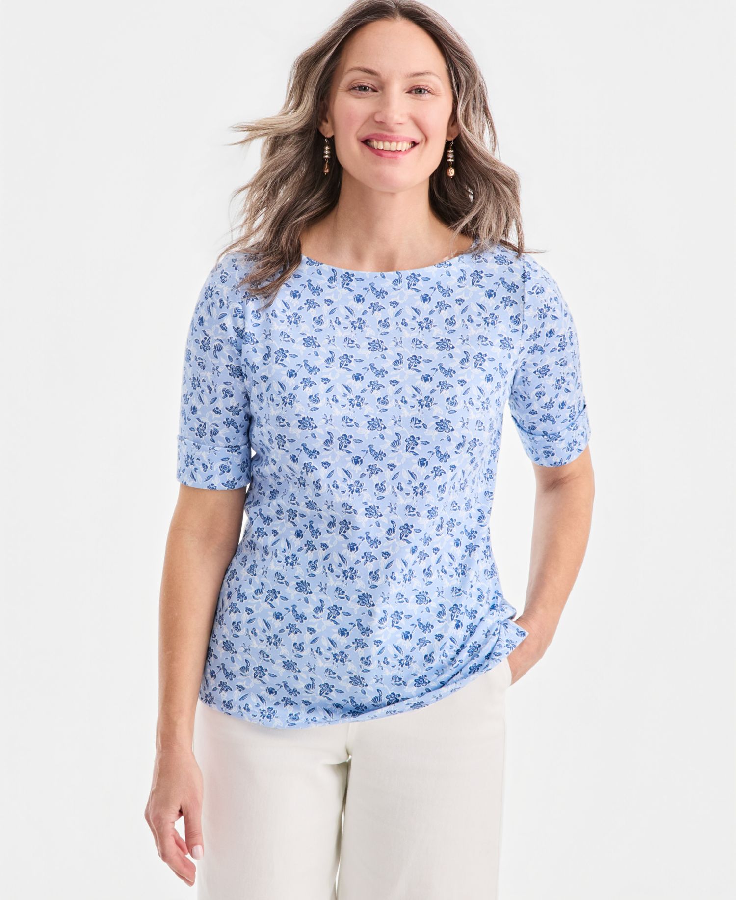 Petite Elbow-Sleeve Boat Neck Top