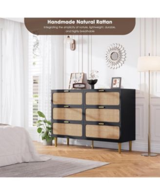 Rattan 6 Drawer Dresser for Bedroom, Long Double Chest with Deep Drawers and Wide Top for Living Room or Kids Room