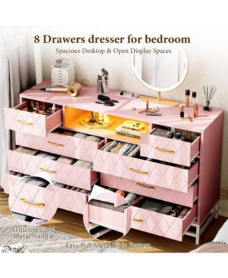 8 Drawer Dresser for Bedroom, Pink Dresser with Led Light, 55 Inch Tv Stand Dressers with Power Outlet
