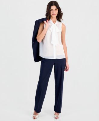 Petite Sleeveless Ruffle Bow Tie Blouse