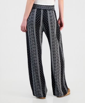 Juniors' Printed Smocked-Waist Wide-Leg Pants
