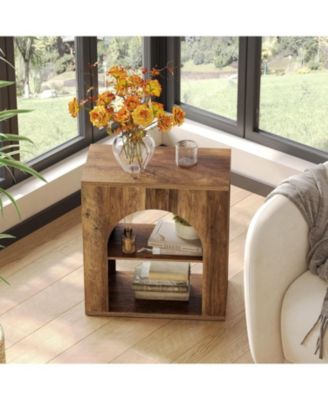 3-Tier End Table Set of 2, Small Wooden Side Table with Open Storage Shelf for Living Room, Rustic Narrow Night Stand, Bedside Table