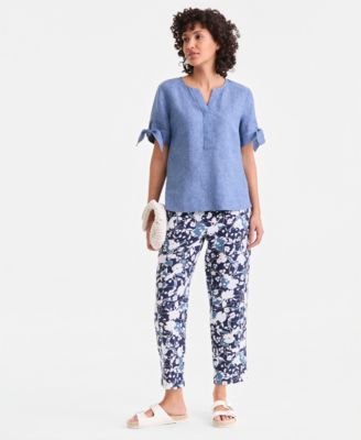 Petite 100% Linen Split-Neck Tie Sleeve Top