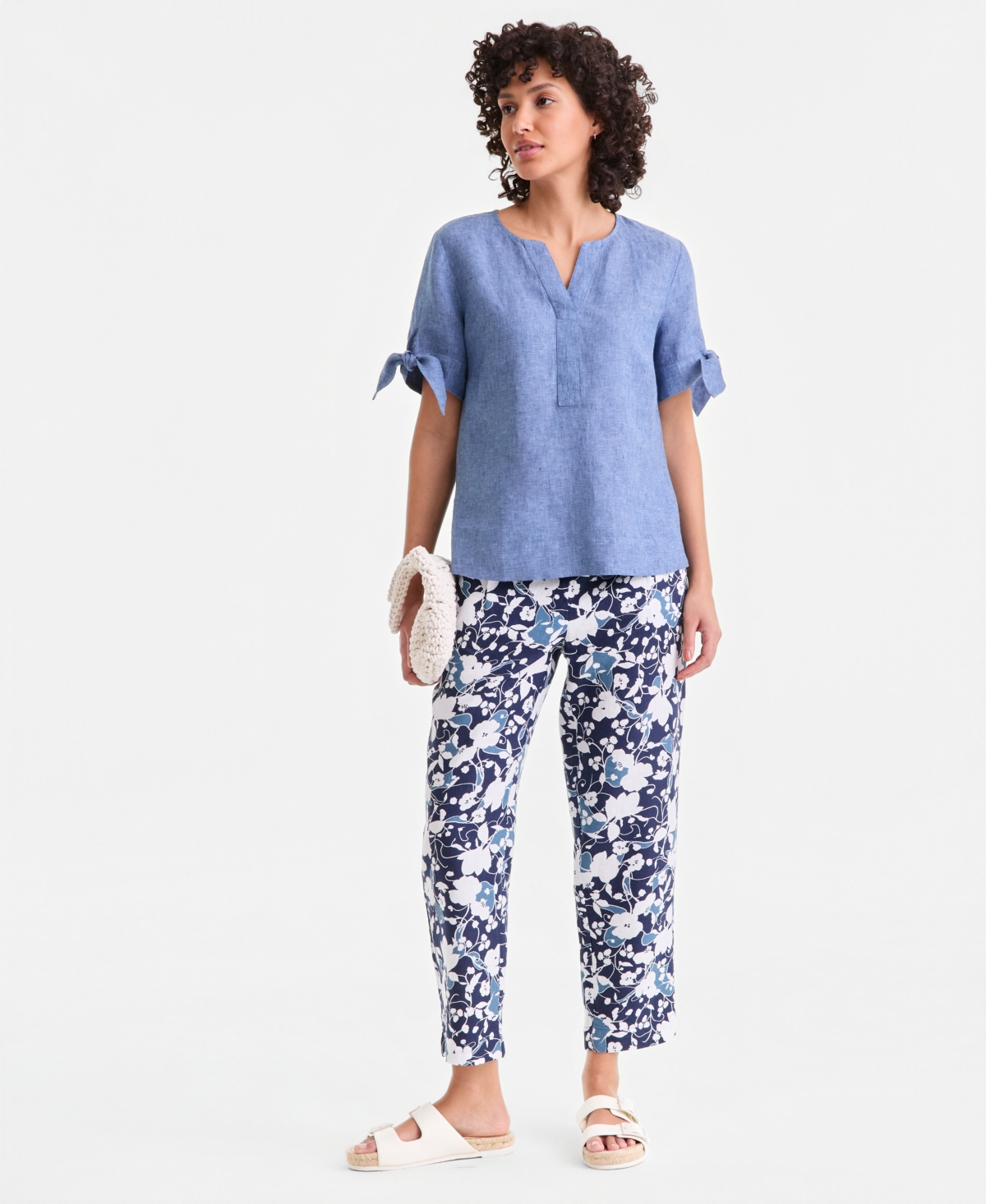 Charter Club Women's 100% Linen Split-Neck Tie-Cuff Top, Created for Macy's