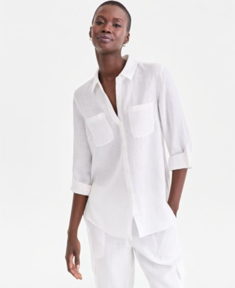 Женская рубашка Charter Club Petite 100% Linen Button-Front, цвет: Яркий белый