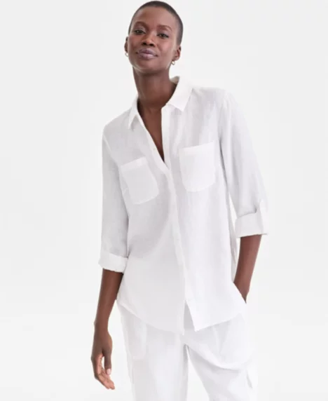 Petite 100% Linen Button-Front Shirt - Bright White