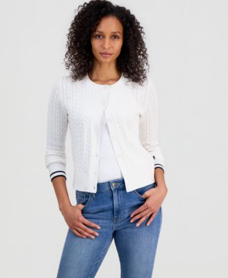 Women's Cable-Knit Striped-Cuff Cardigan Sweater