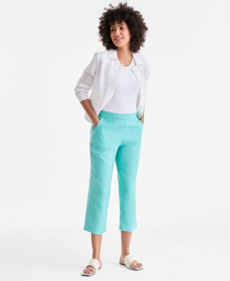 Women's 100% Linen Solid Cropped Pull-On Pants