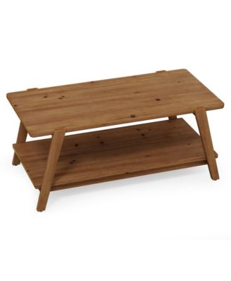 47-Inch Solid Wood Coffee Table, 2-Tier Farmhouse Rectangular Accent Center Cocktail Tea Table with Storage, Rustic Brown