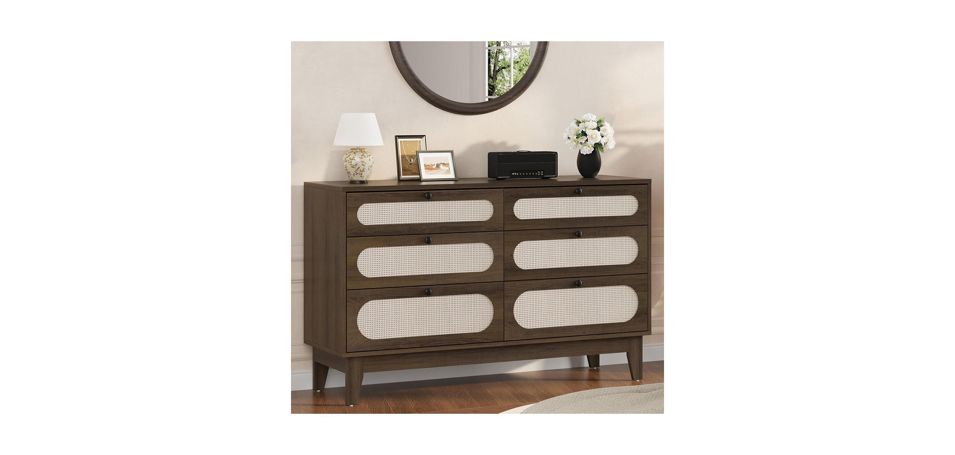 Gaomon Coffee Brown Rattan 6-Drawer Dresser, Oak Storage Cabinet for Entryway, Bedroom, Living Room & Hallway