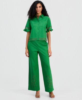 Women's Open-Trim Ruffled-Cuff Blouse