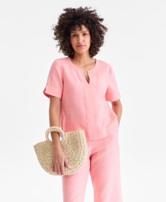 Women's 100% Linen Split-Neck Top