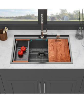 33x22x9inch Gunmetal Black Kitchen Sink Drop In Workstation Stainless Steel 16 Gauge