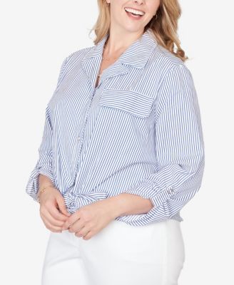Plus Size Snap Front Tie Hem Pucker Stripe Top