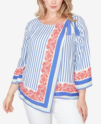 Plus Size Striped Scarf Print Tie Shoulder Top