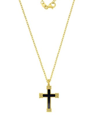 Onyx and Diamond (0.036 ct. t.w.) Cross Necklace in 14k Yellow Gold Over Sterling Silver