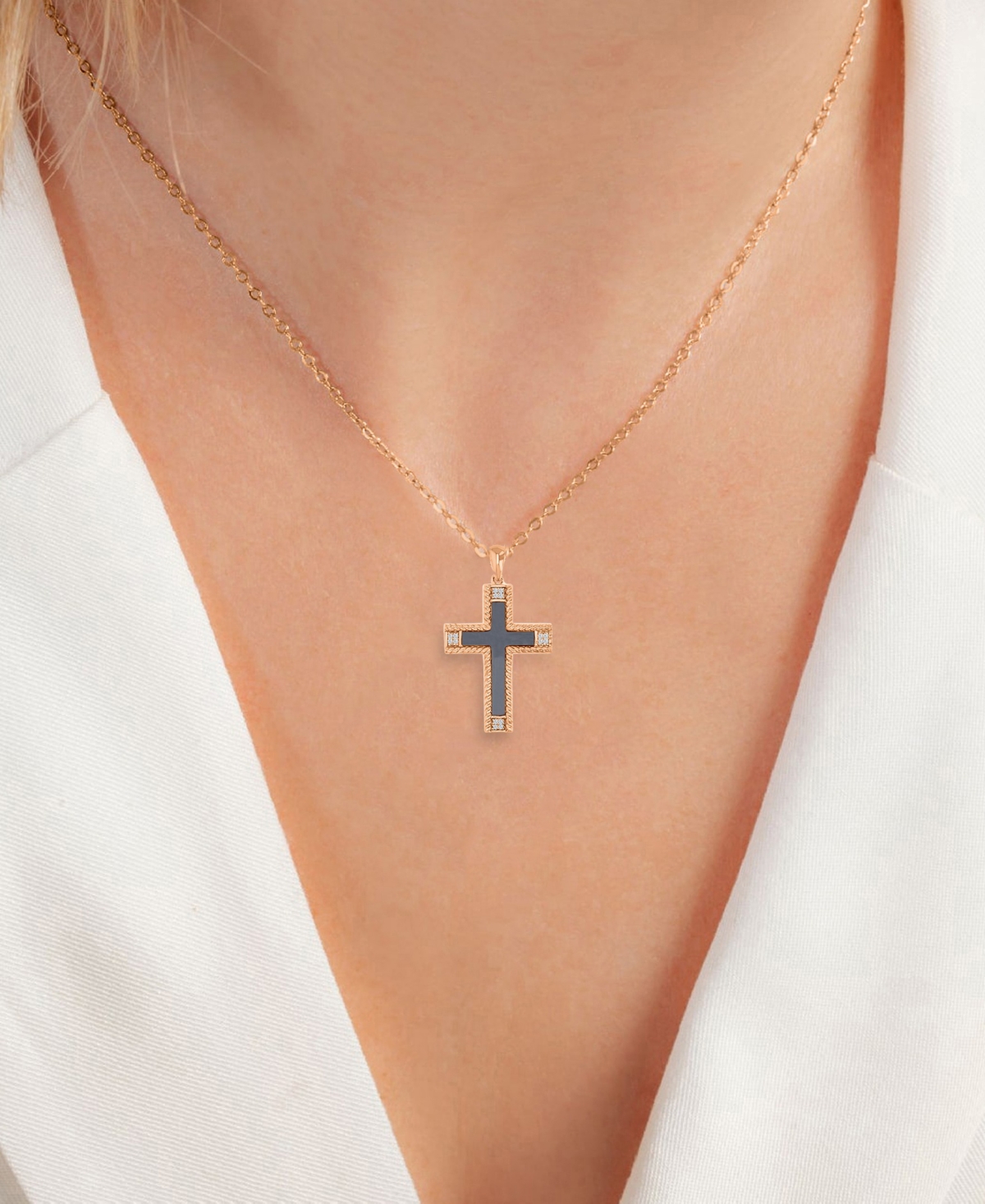 Macy's Onyx and Diamond (0.048 ct. t.w.) Cross Necklace in 10k Rose Gold