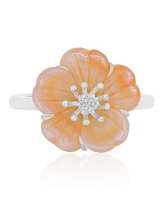 Imitation Pearl and Diamond (0.028 ct. t.w.) Flower Ring in Rhodium Over Sterling Silver