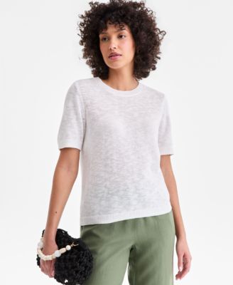 Women's Linen Blend Textured Crewneck Short-Sleeve Sweater