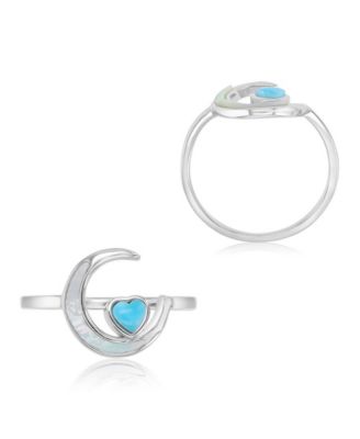Larimar (0.21 ct. t.w.) & Imitation Pearl (10.50mm) Moon & Heart Ring in Rhodium Over Sterling Silver