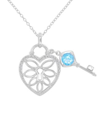 Swiss Blue Topaz (0.6 ct. t.w.) and White Sapphire (0.105 ct. t.w.) Heart and Key Pendant Necklace in Rhodium Over Sterling Silver
