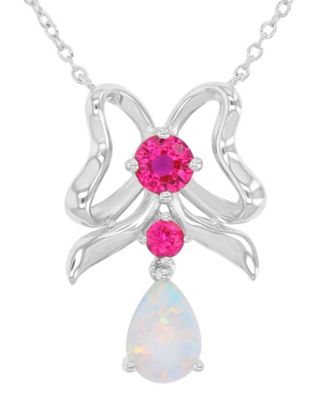 Opal (0.30 ct. t.w.) & Ruby (0.38 ct. t.w.) Ribbon Bow Necklace in Rhodium Over Sterling Silver