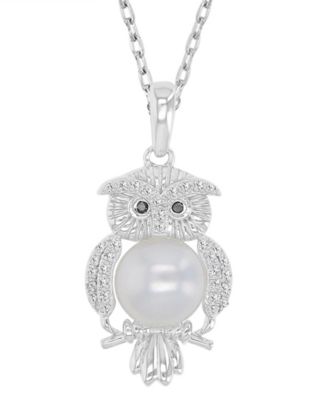 Diamond, Opal & Imitation Pearl and Onyx (0.012 ct. t.w.) Owl Pendant Necklace
