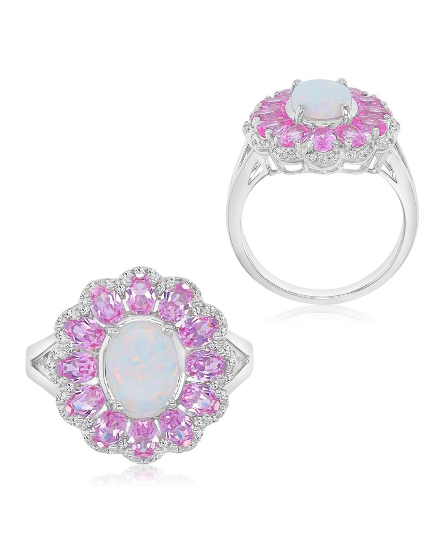 Opal & Sapphire (0.29 ct. t.w.) Flower Ring in Rhodium Over Sterling Silver