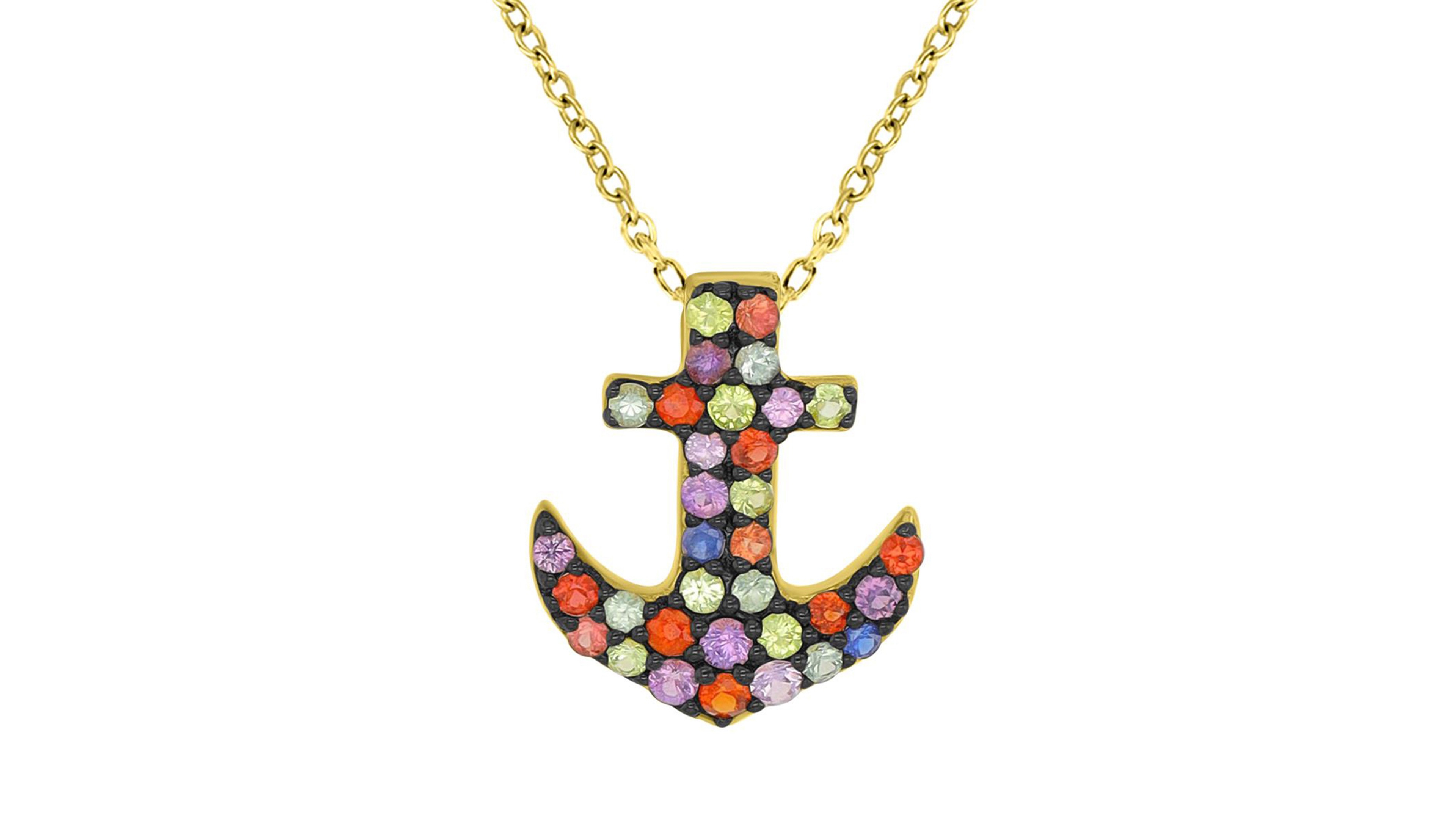 Macy's Sapphire (0.68 ct. t.w.) Anchor Necklace in 14K Yellow Gold Over Sterling Silver