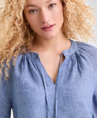 Women's 100% Linen Crochet-Trim Tie-Neck Top