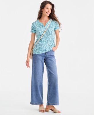 Women's Printed Short-Sleeve Henley Top