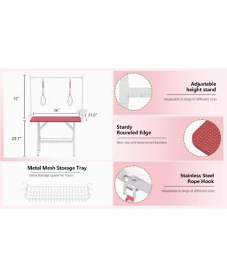 36" Large Dog Grooming Table, Foldable Adjustable Pet Station with Arms, Nooses & Mesh Drying Tray, Pink