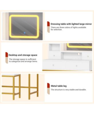 White 4-Drawer Lighted Mirror Vanity, Practical Makeup Table for Bedroom Storage