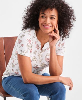 Women's Printed Short-Sleeve Henley Top