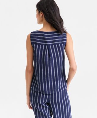 Women's 100% Linen Pleated-Back Sleeveless Top