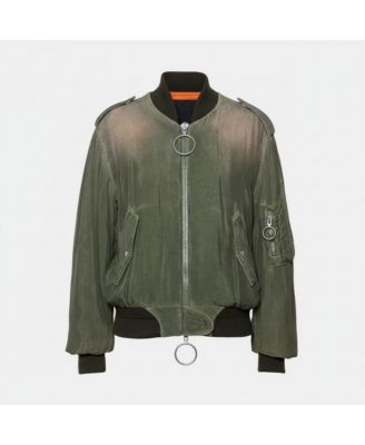 Women's Green Cupro Washed Out Effect Zipper Front Bomber Jacket