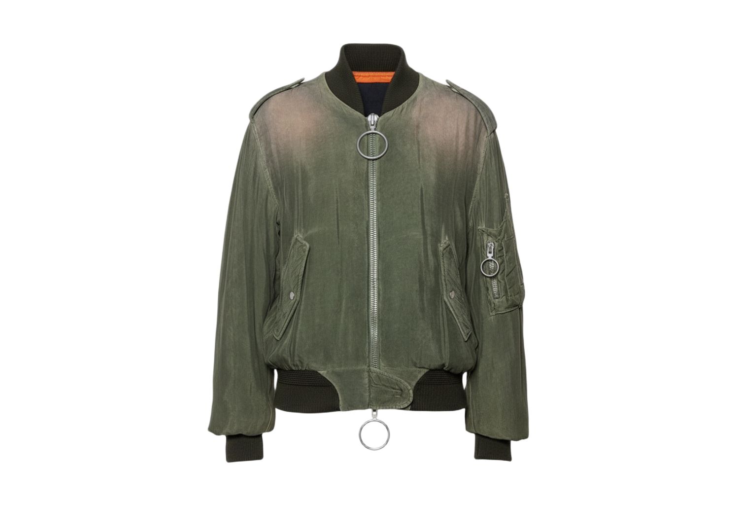 Women's Green Cupro Washed Out Effect Zipper Front Bomber Jacket
