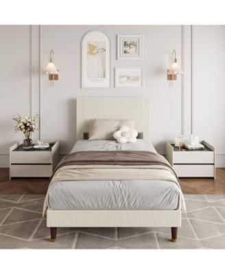 Twin Bed Frame with Headboard, Corduroy Upholstered Platform Bed with Wooden Slats Support