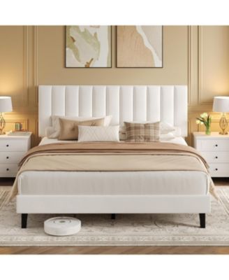 Bed Frame, Velvet Upholstered Platform Bed with Adjustable Vertical Channel Tufted Headboard, No Box Spring Needed, Easy Assembly