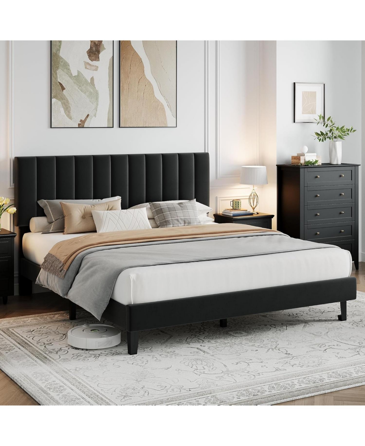 gaomon Bed Frame, Velvet Upholstered Platform with Adjustable Vertical Channel Tufted Headboard, No Box Spring Needed, Easy Assembly