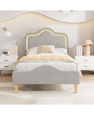 Upholstered LED Bed Frame with Adjustable Headboard and Footboard, Velvet Princess Platform Bedframe for Kids/Girls - Twin