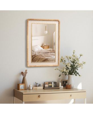 Rounded Rectangle Decorative Wall Mirror, 35" Rubberwood Frame with PU Leather Accent