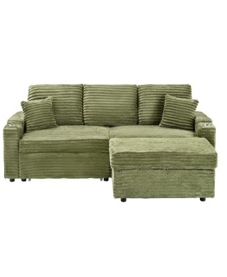 80 Inch Corduroy Sleeper Sofa Bed with Storage Ottoman, Pull-Out Convertible Couch for Living Room or Guest Room